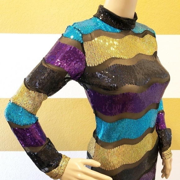 High Neck Colorful Striped Glitter Sexy Sequin Bodycon Clubwear Dress - Picture 4 of 9